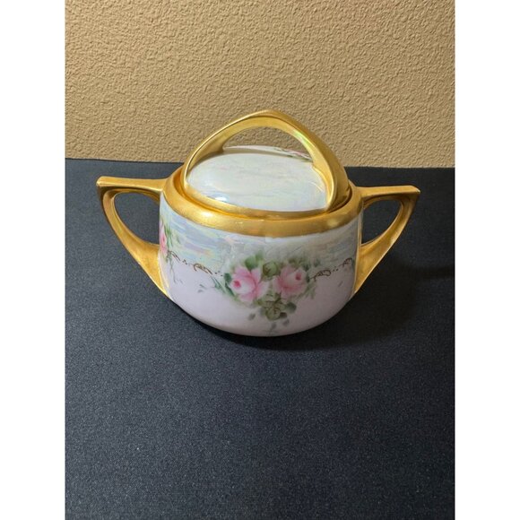 Antique Hand-Painted Porcelain Sugar Bowl With Lid - Floral Design & Gold Accent - Picture 1 of 9